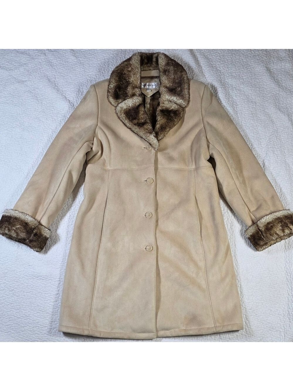 Jones New York Tan Faux Suede Faux Fur Trim Coat